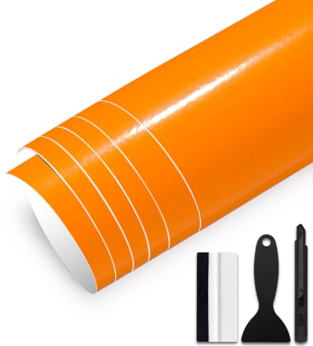 GRTHTATI 30 cm x 150 cm - Film autocollant brillant pour voiture - Avec canaux d'air - Sans bulles - Pour moto, vélo, bricolage (orange, 30 cm x 150 cm)