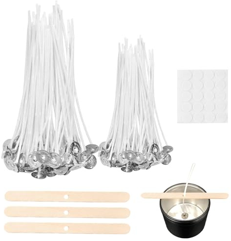 Candle Wicks for Candle Making – 100 Pcs Pre-Waxed Cotton Wicks (50 x 10cm + 50 x 15cm) with Wick Stickers & Wooden Holders DIY Candle Kit