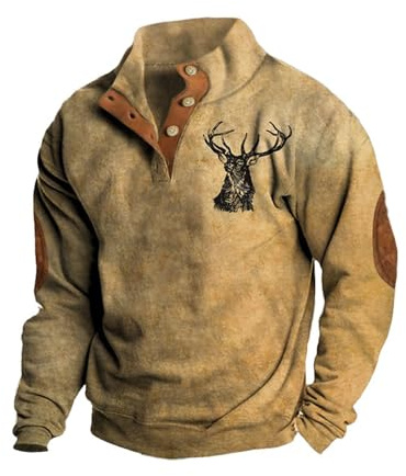 Celanisai Pull de Noël pour hommes Henley Chemises Chasse Cerf Imprimé avec fermeture éclair 1/4 Col montant Pull de Noël Moche Ugly Pull Noël Sweatshirt amusant