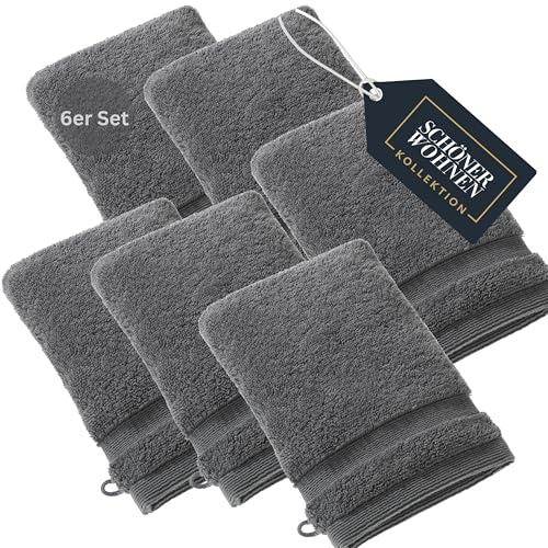 SCHÖNER WOHNEN Lot de 6 gants de toilette en tissu éponge de qualité supérieure pour bébé - 16 x 21 cm - Absorbants - 500 g/m² - Anthracite - 100 % coton - Moelleux pour le corps de l'enfant
