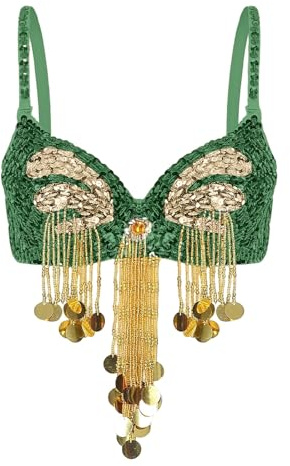 Top da donna con glitter per danza del ventre, costume con paillette, reggiseno con nappa, costume da Carnevale, festa con glitter, top frange, latino, indiano, reggiseno Belly Dance, O verde scuro