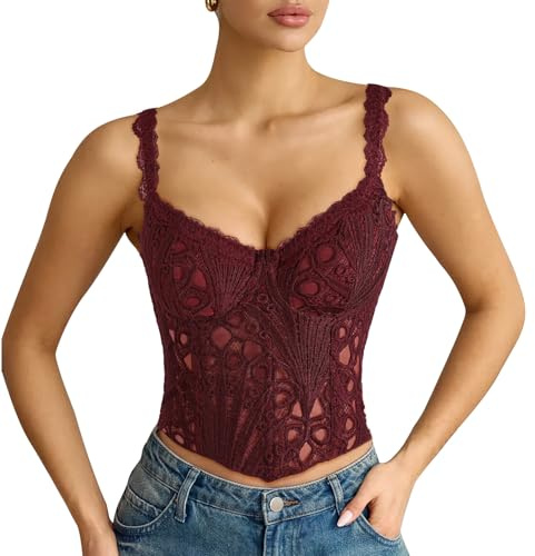 LEACOOLKEY Corsetto da Donna in Pizzo Bustier Sexy Trasparente a Fiori Top Corto Elegante in Rete con Lacci Corpetto Top Modellante per Uscite, Appuntamenti, Feste e Festival Musicali, Rosso Vino