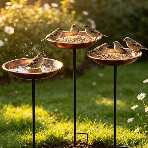 Bain d'oiseau debout pour le jardin, abreuvoir pour l'extérieur en métal, bassin rond pour oiseaux avec piquet de terre, décoration de jardin, baignoire pour balcon (3 pièces)