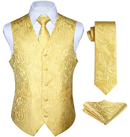 Enlision Gilet Costume or Homme Mariage Paisley Ensemble de Cravate et Pochette Jacquard Gilets sans Manche pour Fête XXL