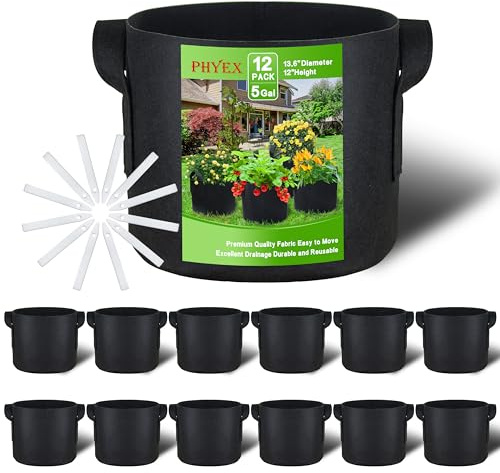 PHYEX 12-Pack 5 Gallon Grow Bags, Heavy Duty Fabric Pots with Handles, Reusable Plant Bags for Vegetable, Herbs & Flowers, BPA-Free, Breathable, Durable
