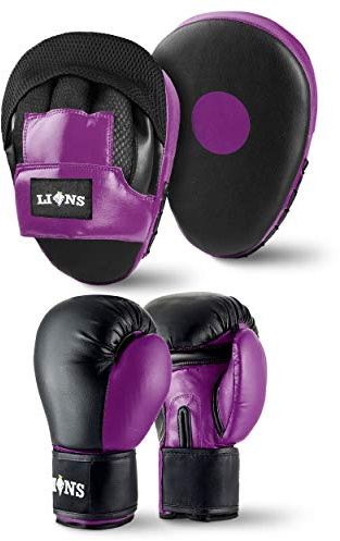 Lions Amateur Fitness Boxing Set Hook & Jab Pads Focus Punch Bag Gloves Target Strike Mitts (Purple, 10oz)