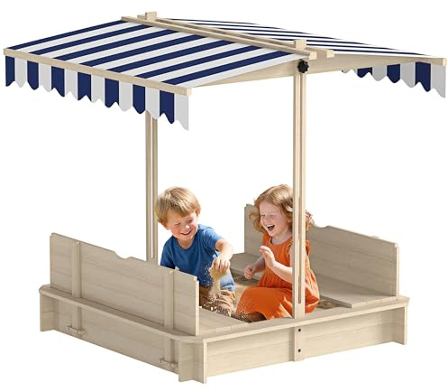 Outsunny Wooden Sandbox with Lid, Kids Sandbox with Canopy Outdoor, Sand Box with Foldable Bench Seats and Sand Protection, Bottom Liner Included, Kids Gift for Aged 3-7, 47X47 in, Natural
