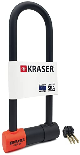 KRASER KR85L Antivol Moto Homologué SRA | Promo Model Plus Robust | U ø18mm Acier Cémenté, Double Verrouillage, 3 Clés Haute Sécurité Anti-crochetage, Recommandé Assurances, Antivol Vélo en U 85x300mm