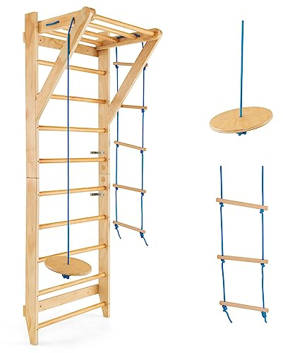 COSTWAY Ribbstol & Klätterställning för Inomhus och Utomhus, 4-i-1 Gymnastikvägg i Trä med Gunga, Repstege & Pull-Up Stång, 100 kg Maxbelastning, Tränings- & Lekställning för Barn & Vuxna