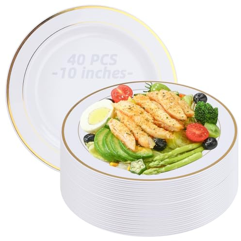 SHUESS 40 Pack White Plastic Plates with Gold Rim - 10 Inches Round Plastic Plates Reusable - Sturdy Dinner Plates - Elegant Party Plates for Weddings, Parties, Catering, and Picnics (26 cm)
