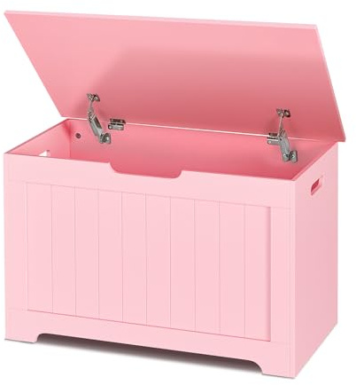 SUPER DEAL Storage Chest, 30 inches Chest Box Organizer with 2 Safety Hinges, Wooden Entryway Storage Bench, Pink