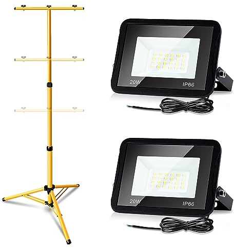 Yakimz 2 faretti LED da 20 W con treppiede, 1700 lm, da cantiere, con cavo da 1 m, 6000 K, bianco freddo, impermeabile, IP66, per uso interno ed esterno, officina, senza spina