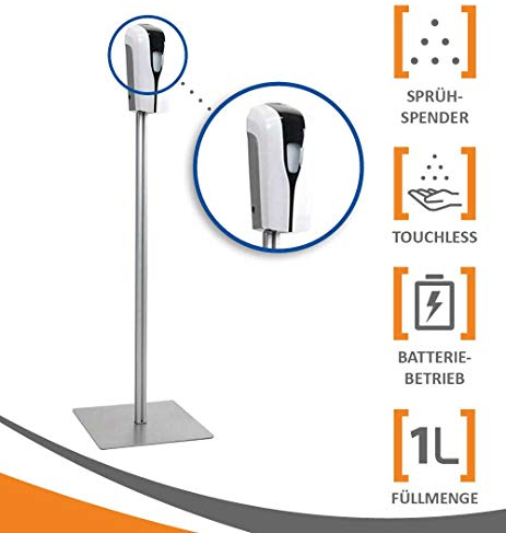 MyMaxxi | Mobiler Hand Desinfektionsmittelspender Station Sensor SHOP Spender Set 12x 1L Desinfektionsmittel stehend automatisch | touchless disinfection | Desinfektionsspender Standfuß