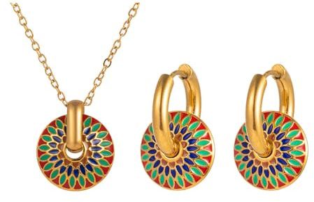 KBRPEY Conjunto Joyas Medallón Circular Mosaico Colorido Pendientes Collar Dorado Estilo Étnico Artesanal