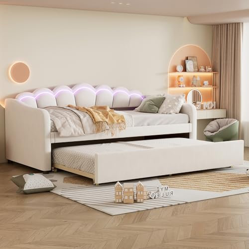 Ymkua Einzelbett Kinderbett Sofabett 90x200 cm, Daybett Schlafsofa Tagesbett mit LED-Leuchten und Rollbett, Jugendbett Bett mit Lattenrost, Gästebett Wohnzimmer, Samt, Ohne Matratze (Beige)