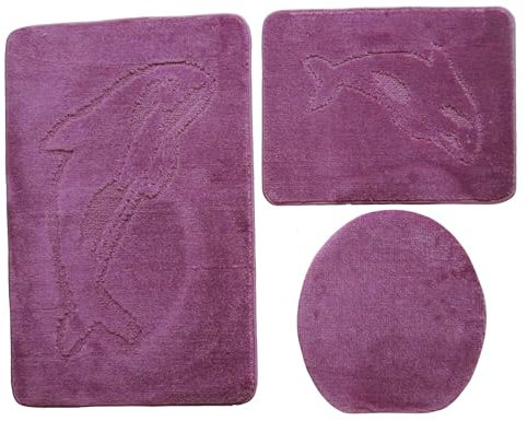 3- teiliges Badvorleger Set Ilkadim Export mit Delphin Muster, Bad Teppich 55cm X 85cm ohne Auschnit gerade für Hänge WC (Beere hell)