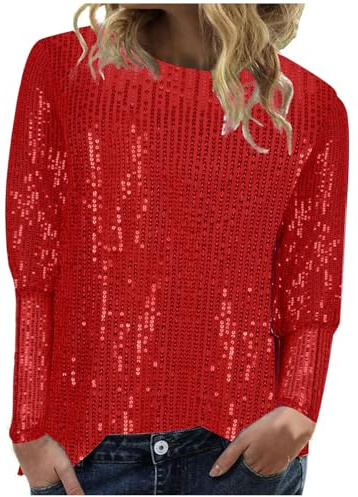 Blusas De Mujer Elegantes De Fiesta Talla Grande Lentejuelas Brillante Top Túnica Larga Cuello V Chic Clubwear Camiseta Basica Suelto Túnica Tops Suave Y Cómodo Top Fiesta Mujer