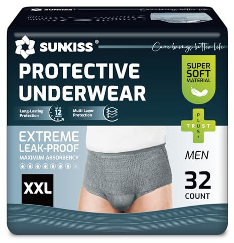 SUNKISS Inkontinenz Pants Männer, Tagsüber Einweg Erwachsenen Windelhosen, Herren Windeln mit Maximaler Saugfähigkeit, Grau, Größe XXL, 32 Stück 1er Pack