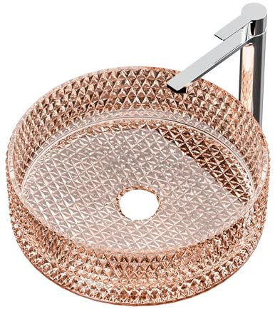 EMKE Lavabo Sobreponer en Vidrio Cristal, Redondo Rosa Oro, 36 x 36 x 11.2 cm, Lavabo de para Baño y WC de Invitados, Sin Orificio para Grifo