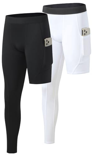 Towintec Herr One Leg Kompression Strumpbyxor med fickor Leggings Running Snabbtorkande Tight Lätta andningsbara basketkalsonger Kompressionsbyxor Fitness Träning Gym, Svart+vit - rak lång, M
