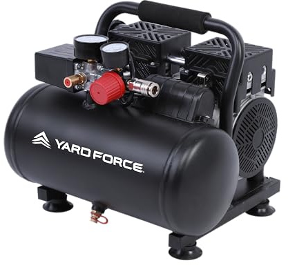 Yard Force EX ARC06 Silent Compressore 6 l, privo di olio e bassa manutenzione, pressione di esercizio 8 bar, 67 dB, silenzioso, doppio cilindro da 550 W (106 l/min), regolatore di pressione +