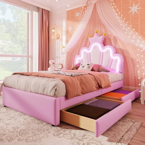 EURHCIO Lit Enfant 90x200,Lit Une Place,lit Enfant Fille Princesse avec Éclairage LED Réglable,Tête en Forme de Couronne Réglable,2 Tiroirs à Roulette,pour Adolescents(B-Rose,90)