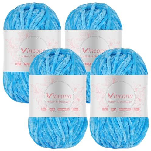 Vincona Lana de chenilla lanas para crochet，4 x 100g hilos para crochet Suave y cómoda, ideal para tejer suéteres, calcetines, bufandas, bolsos, mantas, cojines, muñecas Azul aguamarina