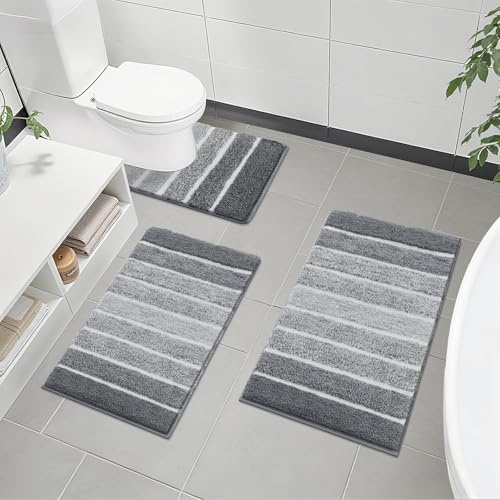 SHACOS Tappeto Bagno Set di 3 Antiscivolo, Tappetini Assorbente 50 x 80 cm Lavabile Tappetino Morbido Microfibra, Grigio