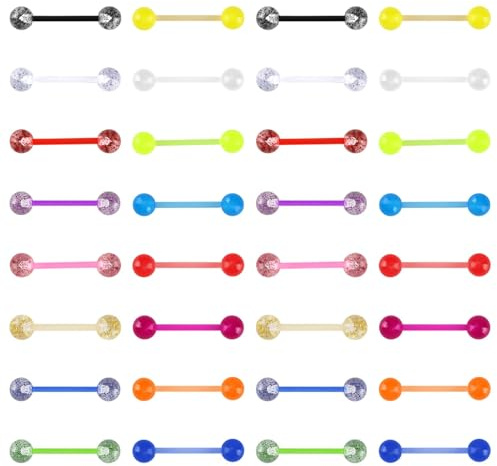 iwui 32 piercing per lingua, 14 g, orecchini per lingua, colori brillanti, piercing in plastica, lingua, capezzolo, barrette in silicone, 16 mm, acrilico