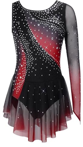 Alvivi Abito da Balletto Bambina Monospalla con Strass Vestito da Danza Classica Moderna Lirica Body da Pattinaggio Artistico Ballerina Ginnastica Ritmica Dancewear A Borgogna 9-10 Anni