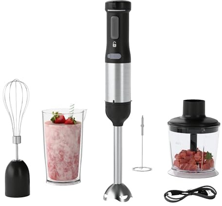 WHUTO Cordless Immersion Hand Blender, 5-in-1 Variable Speed blender handheld,Rechargeable with 2000mAh Battery, BPA-Free & Dishwasher-Safe Accessories:700ml Beaker,Chopper,Whisk & Milk Frother,Black