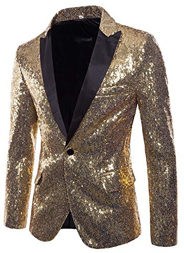 riou Chaqueta de los Hombres Blazer de Lentejuelas Dorado Traje de Rendimiento Traje Floral con Solapa con Muesca Blazer de Moda con Estilo One Buckle