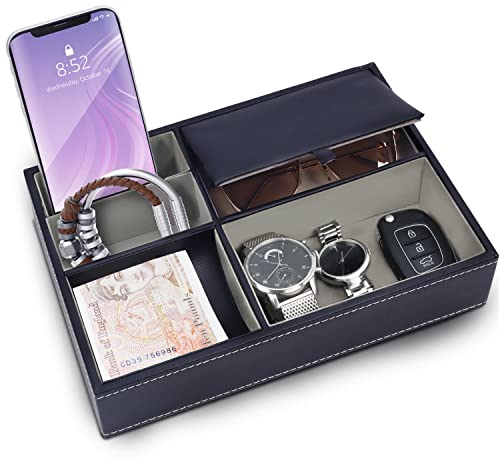BELLE VOUS Navy Faux Leather 5 Compartment Valet Dresser/Nightstand Organiser Tray - Desk Storage Box For Wallet, Phone, Keys, Jewellery, Men's Accessories, Money, Cufflinks- Catchall Box for Bedside