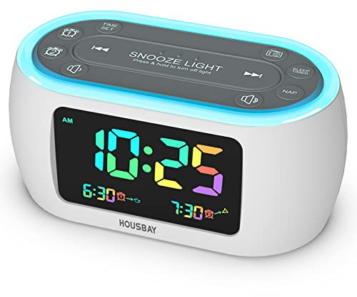 HOUSBAY Glow Small Colorful Alarm Clock Radio with Rainbow Digit, 7 Color Night Light with ON/Off Options, Dual Alarm, Dimmer, FM Radio with SleepTimer for Bedrooms