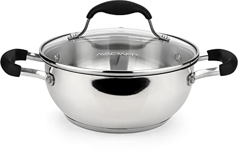 AVACRAFT 18/10 Stainless Steel Everyday Pan, Stir Fry Pan with Five-Ply Base, Chef’s Pan with Glass Lid, Multipurpose Stewpot Skillet, Saute Pan, Casserole in Pots and Pans (8 inch)