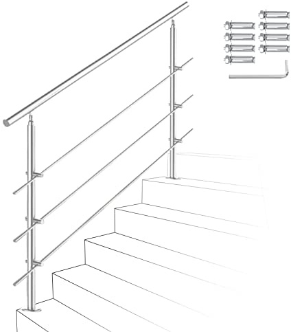 Izrielar 150 cm, garde-corps d'escalier en acier inoxydable avec 5 barres transversales, main courante réglable, garde-corps intérieur et extérieur