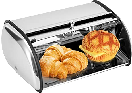WUPYI2018 Brotkasten Edelstahl, Küche Brotbox mit Aufrollbaren Deckels und Belüftungslöcher, Rollbrotkasten Silber (34 x 23 x 14,5 cm)