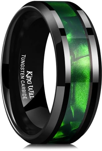 King Will Tungsten Carbide Wedding Band for Men - 8mm Black High Polished Inlay Green Shell Texture Patterns for Everyday Wear Comfort Fit 10