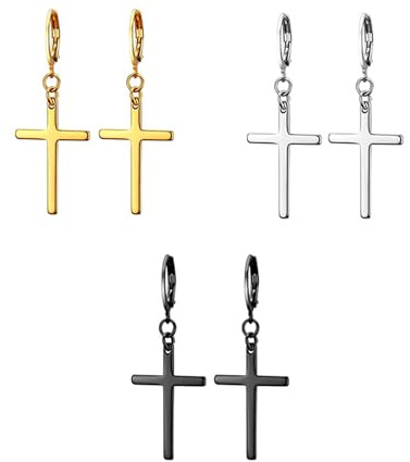 Ryaupy Conjunto de 3 Pares de Pendientes de Cruz - Aros de Acero Inoxidable con Colgante - Joyería Cruzada para Hombres y Mujeres - Regalo en Oro, Plata y Negro