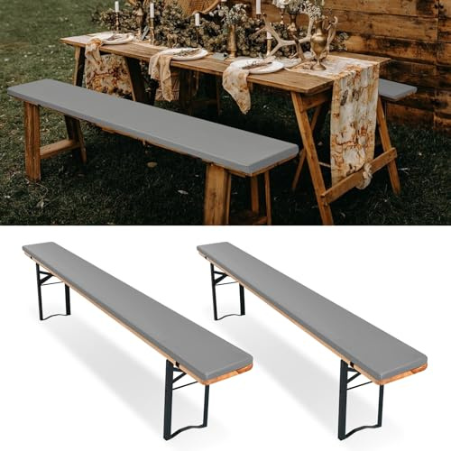 Lot de 2 coussins de tente de bière, rembourrés, pour bancs de bière, 220 x 25 x 3 cm, taille XL, lavables, pour ensemble de tente de fête, gris clair, imperméables