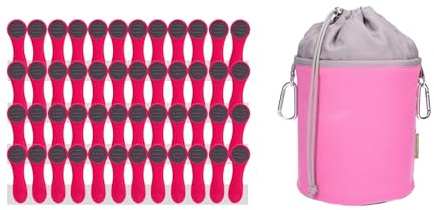 trendfinding 48 pinzas para la ropa con resortes de compresión de acero inoxidable, color rosa suave, 1 bolsa para pinzas de la ropa, color rosa y gris
