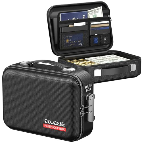 COLCASE Feuerfeste Spardose mit Schloss, Hartschalenkoffer, Hartschalen-Design, feuerfest, wasserabweisend, tragbar, für Bargeld, A5-Dokumente, Reisepass und Wertsachen, 29 x 20 x 10 cm, Schwarz