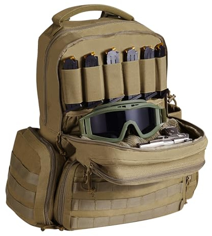 VEVOR Sac à Dos Tactique pour 6 Pistolets et 10 Chargeurs, Sac de Tir en Polyester 600D, Étui Souple pour Pistolet avec Fermeture Éclair Verrouillable, pour Ranger Armes de Poing, Chasse, Marron