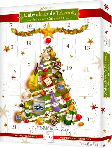 ABTEY EXCLUSIVE Dark Chocolate Liqueur Advent Calendar 2025 - Assortment of Marc de Champange, Label 5® Scotch Whiskey, Calvados Boulards®, Armagnac Janneau®, BAYET Cognac, Poire Williams - 270g