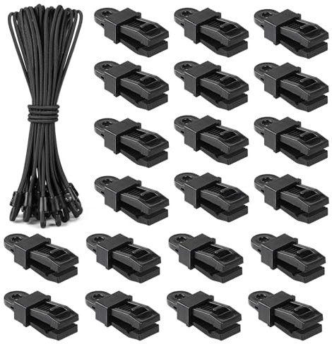 LALAGO 20 Stück Spanngummi mit Haken + Planenclips, Expander mit Haken 25cm, Planenspanner mit Tarp Clips Schwarz für Zeltgummis, Planen, Netze, Banner, Camping, Anhängerplane und Banner