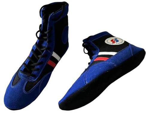 REIJAX Sambo Chaussures d'arts Martiaux de qualité supérieure pour Lutte, Sports de Combat, Chaussures en Cuir avec Semelle en Daim, Chaussures de Lutte Libre légères Semelle Souple, Bleu, 30-46 EU