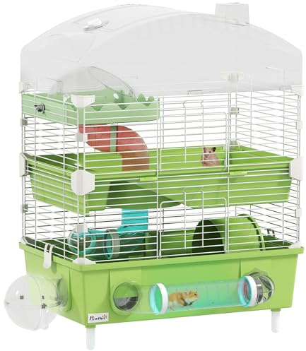 PawHut Hamster Cage, 3-Tier Hamster Habitat with Exercise Wheel, Tubes, Transparent Top, Sand Bathroom, Hideout Room, Small Animal Cage for Dwarf Hamster, 45 x 28 x 60 cm, Green