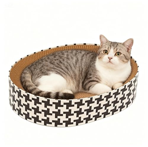 2-in-1 Cat Scratcher Cardboard Bed, Round Cat Scratching Pad Bowl for Indoor Cats, Durable Corrugated Circle Cat Scratcher Lounge, Cozy Oval Cat Scratch Bed Furniture for Kittens & Medium Size Cats