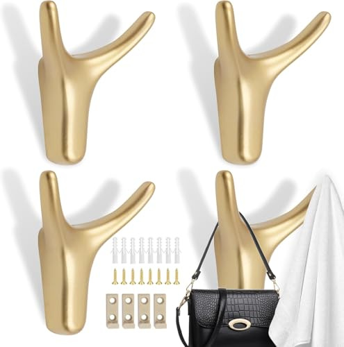 WZYTEU 4 Piezas Perchero de Pared, dorado Ganchos para Colgar Ropa, Metal Dobles Perchas, Resistente Gancho Perchero de Aleación de Zinc Pared para Entrada, Garaje, Dormitorio, Balcón Cuarto de Baño