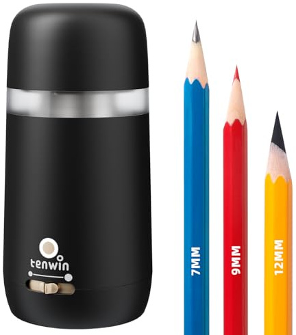 tenwin Fully Automatic Electric Pencil Sharpener for 7-11.5mm Pencils, Auto in&Eject, 3 Selectable Adjustable Pencil Nibs with Breathing Light (Black)